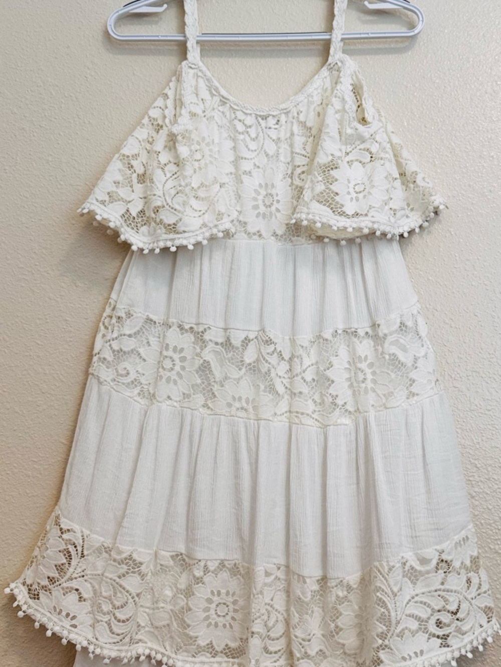 Signature by Robbie Bee White Lace Tiered Dress with Pom Trim